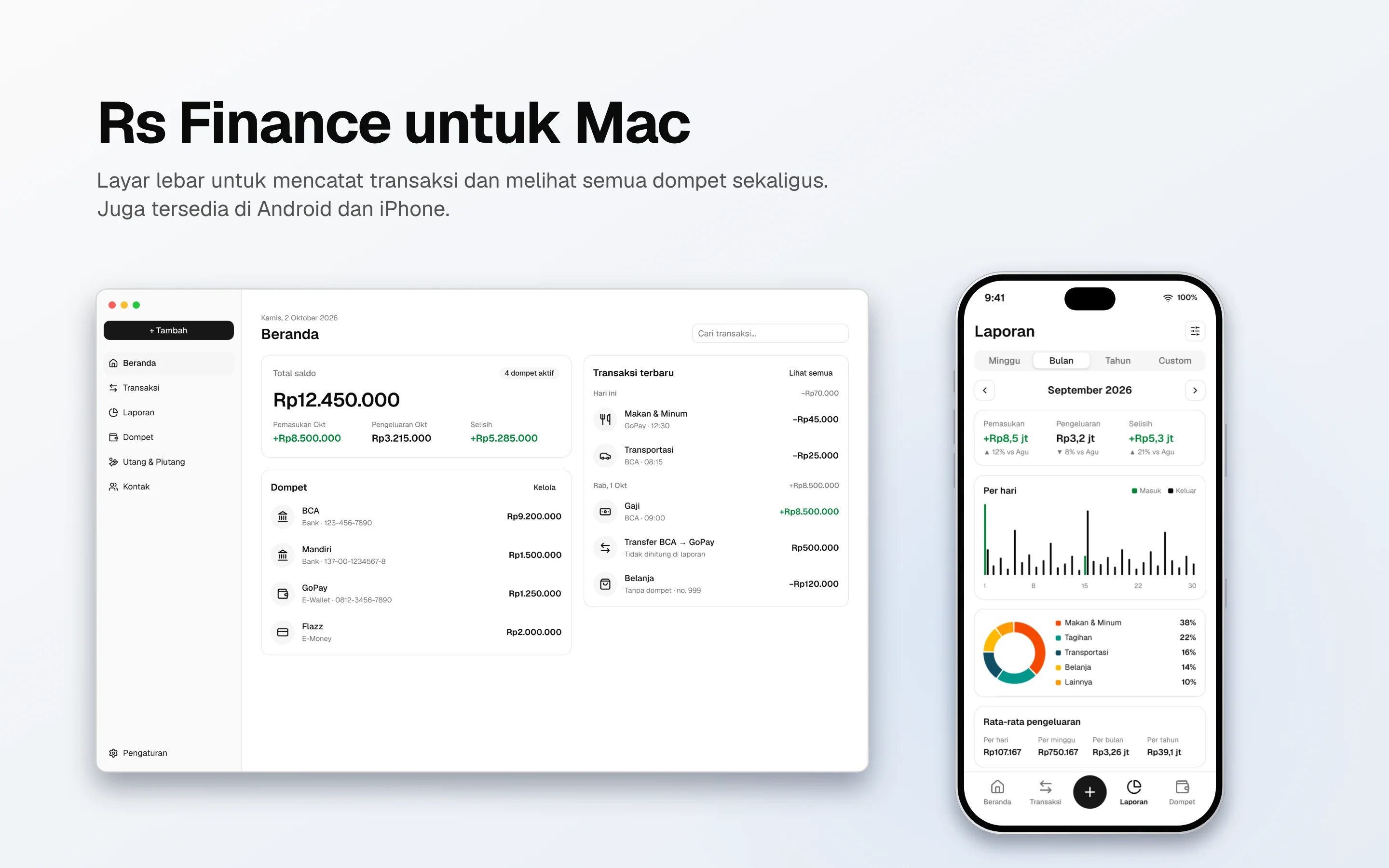 Rs Finance di Mac: Beranda dengan saldo, dompet, dan transaksi terbaru, di samping Laporan di iPhone