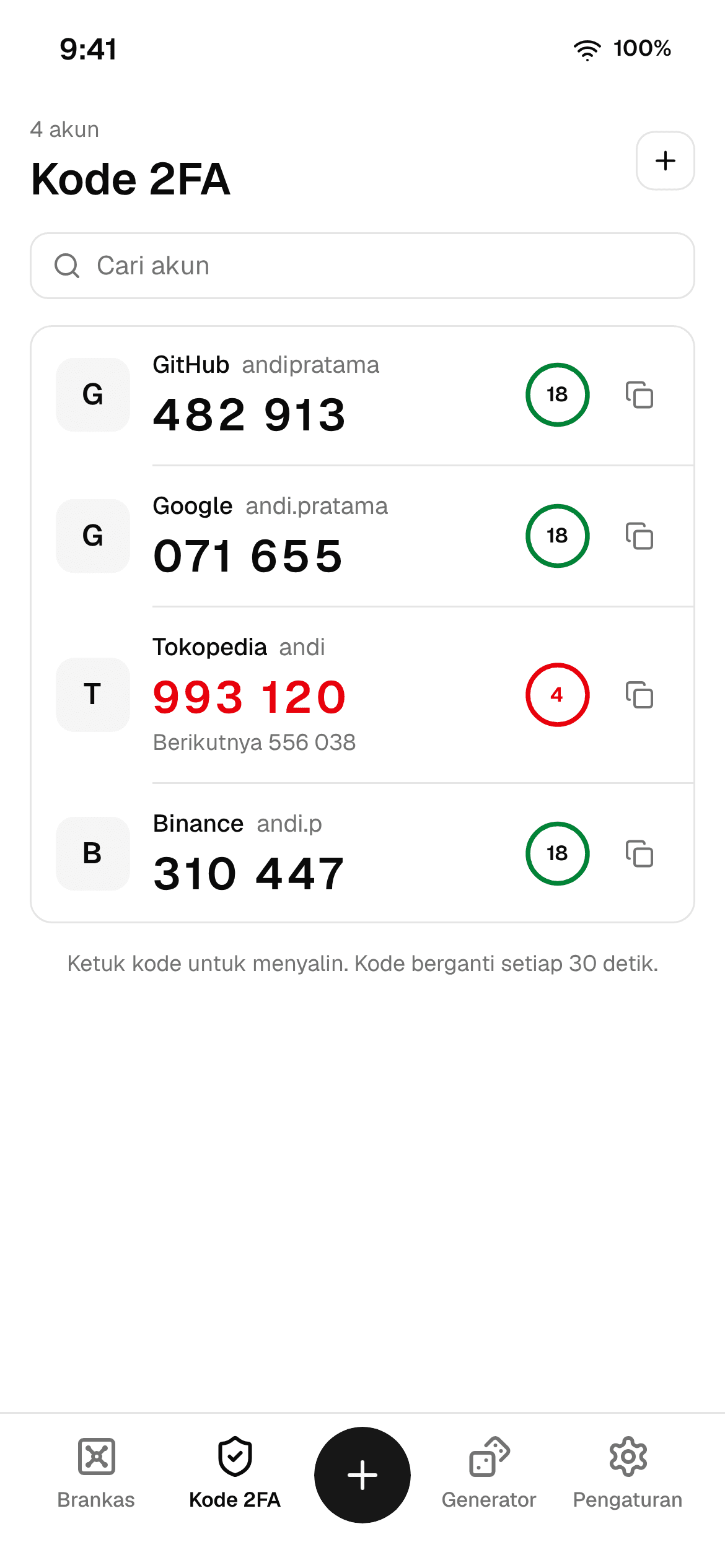 Layar Kode 2FA di Rs Password